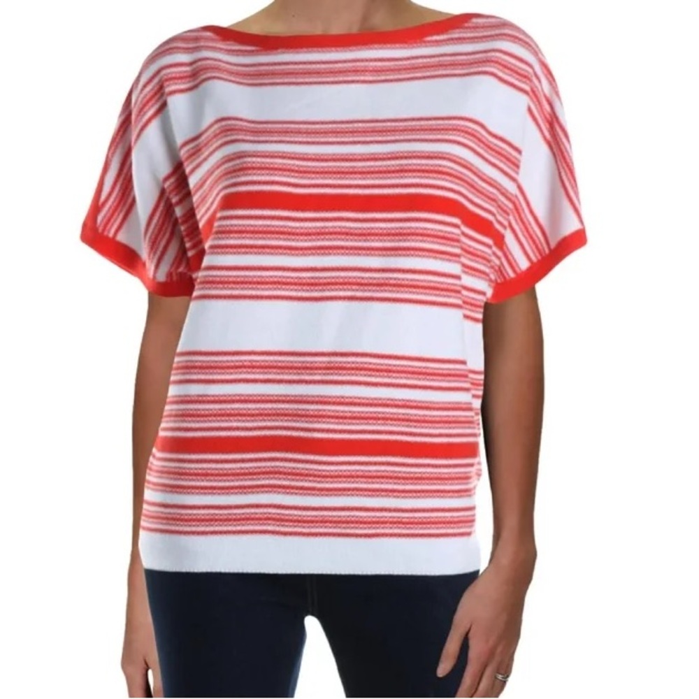 Lauren Ralph Lauren Cotton/Linen Textured Red Knit Striped Sweater Top Shirt XL